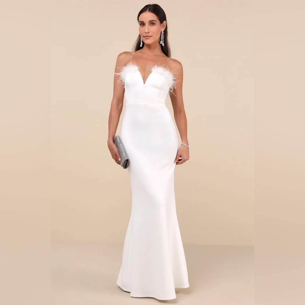 Lulus Extraordinary Glam White Feather Strapless Mermaid Maxi Dress